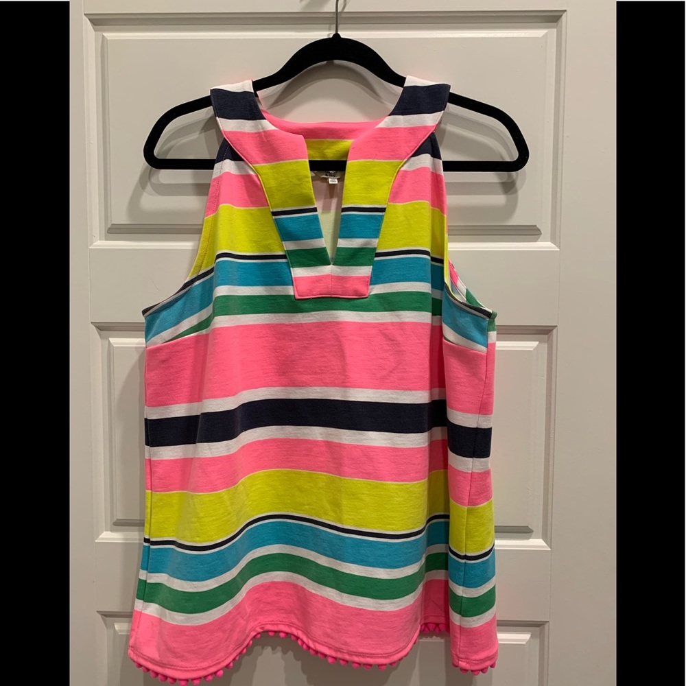 Bright Striped Sleeveless Top with Pom Pom Trim